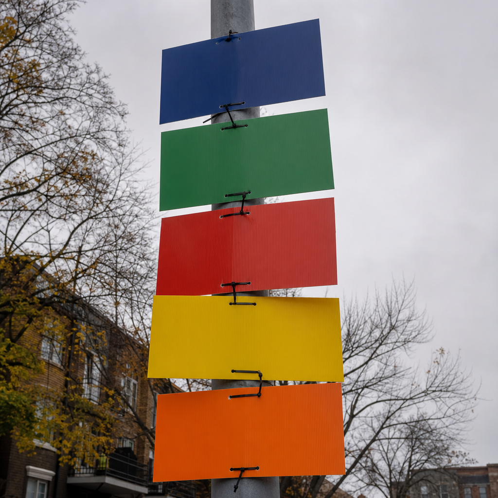 Several stacks of finished blank signs on a bench, each stack tagged with a plain label